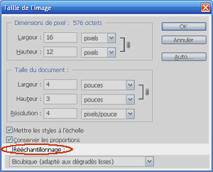 Boite de dialogue "Taille de l'image" de Photoshop, rééchantillonage décoché