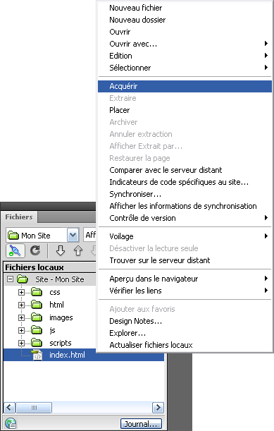 Acquérir un fichier avec Dreamweaver