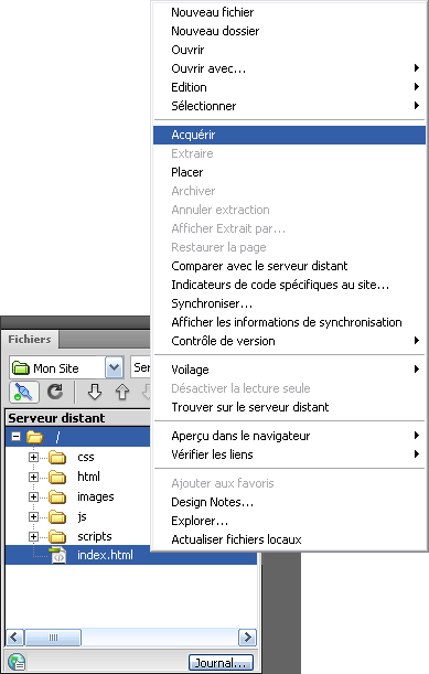 Acquérir un fichier avec Dreamweaver