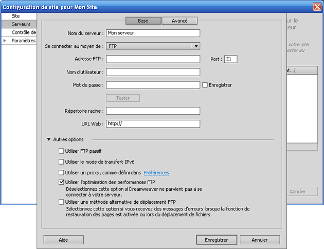 Autres options de connexion à son serveur ftp avec Dreamweaver
