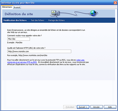 Définition du site dans Dreamweaver