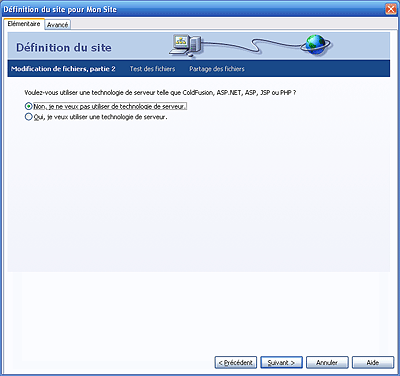 Choix de technologie de serveur dans Dreamweaver