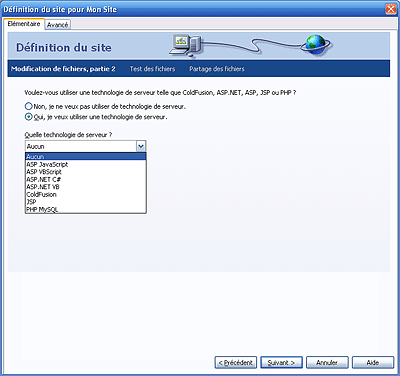 Choix de la technologie du serveur dans Dreamweaver