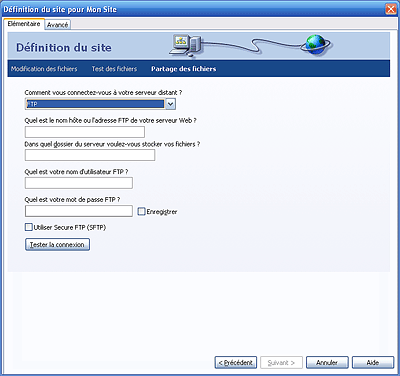 Saisie des informations du serveur distant dans Dreamweaver