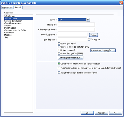 Saisie des informations distantes dans Dreamweaver