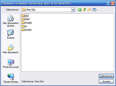Pointage avec Dreamweaver sur le dossier racine du site Internet