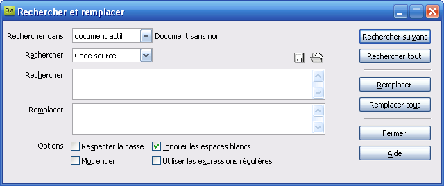 Boite de dialogue : Recercher - remplacer de Dreamweaver