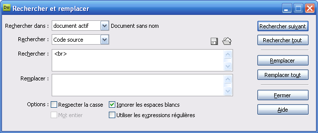 Utilisation de l'outil de recherche de Dreamweaver