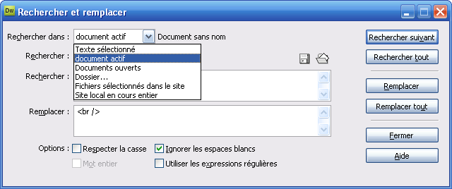 Options de l'outil rechercher - remplacer de Dreamweaver