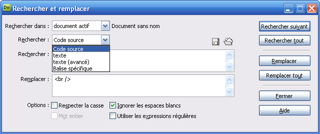 Options avancées de l'outil rechercher - remplacer de Dreamweaver