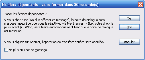 Boite de dialogue de Dreamweaver demandant la validation ou pas de synchroniser tous les fichiers lié à celui envoyer