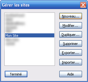 Boite de dialogue gérer les sites de Dreamweaver