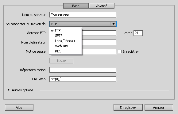 Paramètres de connexion à son serveur ftp avec Dreamweaver