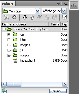 Fenêtre des fichiers de son site dans Dreamweaver