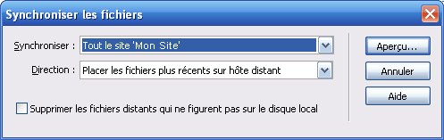 Fenêtre de choix de synchronisation de son site avec Dreamweaver