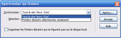 Choix de synchronisation de son site avec Dreamweaver